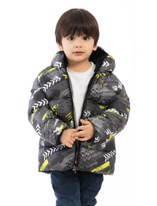 freemen Chlapčenská nafukovacia zimná bunda s kapucňou a kapucňou v žltočiernom digitálnom vzore