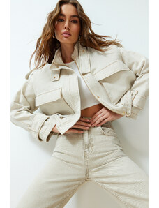 Trendyol Collection Ecru Oversize plátenný kabát tenkej bundy s detailom opasku na golieri