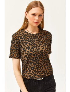 Olalook Dámske pletené tričko s leopardím norkovým rebrovaním