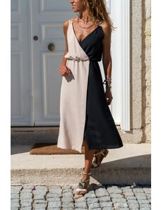 Güneşkızı Dámske čierno-béžové slamené šaty s farebným blokom na airobin s ramienkami