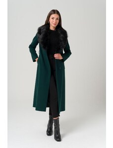 Olcay Odnímateľný dlhý kabát so zaviazaným kožušinou v páse, zelený