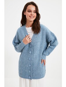 Trendyol Modest Mäkký pletený sveter s modrým gombíkom a výstrihom do V