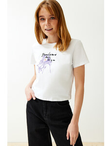 Trendyol Collection Biela 100% bavlna s potlačou Uvoľnený strih Crop Crew Neck Pletené tričko