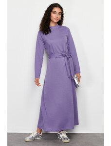 Trendyol Modest Lilac stojaci golier rovné pletené šaty s opaskom