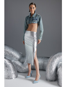 Trendyol Collection Midi sukňa s vysokým pásom s rozparkom a potlačou striebornej fólie