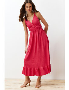 Trendyol Collection Fuchsiová sukňa Volánový remienok s výstrihom do V Maxi Rebrovaný Pružné Pletené Maxi šaty