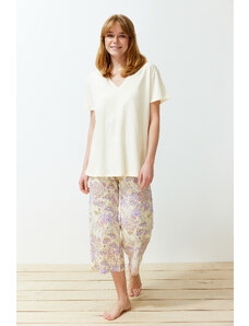 Trendyol Collection Súprava žltého pleteného pyžama zo 100 % bavlny s kvetmi