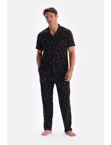 Dagi Black Size Printed Cotton Modal Shirt Pants Pajamas Set