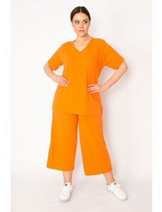 Şans Dámska oranžová košieľka Pletené nohavice so širokými nohavicami s elastickým pásom, blúzka s výstrihom do V
