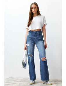 Trendyol Collection Modré roztrhané džínsy so širokým pásom