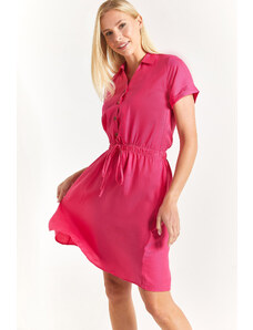 armonika Women's Fuchsia Elastic Waist Short Sleeve Shirt Dress.