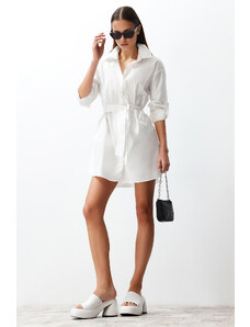 Trendyol Collection Biele 100% bavlnené mini tkané košeľové šaty s pásom