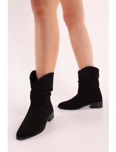 Shoeberry Women's Archie Black Suede Gathered Flat Heeled Boots, Black Suede.