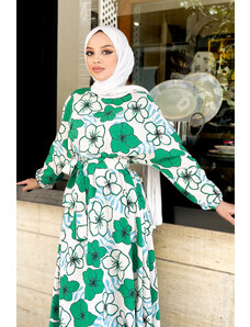 Tesettür Dünyası Ľanové šaty s kvetinovým vzorom Tsd220803 zelené