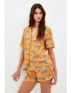 Trendyol Collection Oranžová vzorovaná viskózová košeľa-šortky Tkané pyžamá