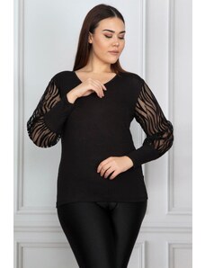 Şans Women's Plus Size Black Flocked Sleeves Tulle Blouse