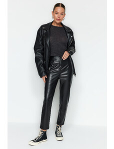 Trendyol Collection Čierne pletené nohavice s vysokým pásom z umelej kože