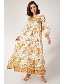 Bigdart Dámske šaty s rukávmi s kvetinovým vzorom viskózovej farby, horčicová