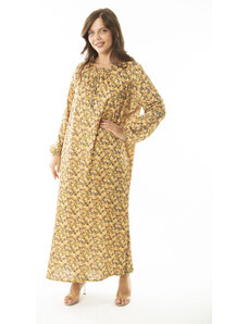 Şans Women's Plus Size Saffron Long Dress With Smocking And Elastic Sleeves Detailed Long Dress