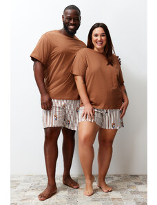 Trendyol Brown Regular Fit Teddy Bear Printed Couple Knitted Plus Size Pajamas Set