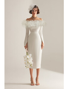 BETTY & SAM Midi svadobné šaty s dlhým rukávom Rosalie Feather