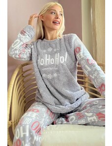 Pijamaevi Šedá súprava dámskeho plyšového pyžama so vzorom Hoho
