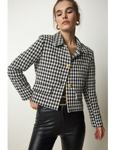 Happiness İstanbul Women's Black and White Houndstooth Pattern Stylish Woven Jacket
