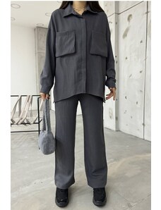 vuvutasarım Antresit Linen Fabric Belllow Pocket Design Dvojitá súprava košele a nohavíc nadmernej veľkosti 12093