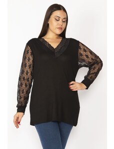 Şans Women's Plus Size Black V-Neck Blouse With Collar And Sleeves Lace