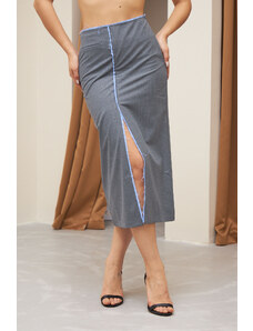 Laluvia Gray Stripe Detailed Slit Fabric Skirt