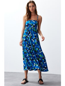 Trendyol Collection Štvorcový golier s modrou potlačou A-Line Twist/textúrované pletené maxi šaty