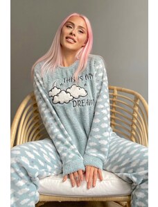 Pijamaevi Dámska súprava plyšového pyžama so vzorom Mint Green Moon Cloud