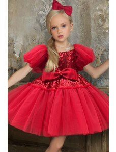 Riccotarz Dievčenské červené večerné šaty s balónovými rukávmi a nadýchanou sukňou s flitrovými detailmi