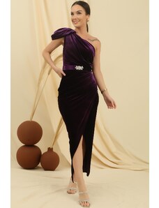 By Saygı One-Shoulder Waist with a Belt and Draped Long Corduroy Dress.