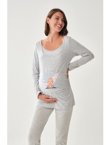 Dagi Sivé tehotenské tričko so širokým golierom a dlhým rukávom