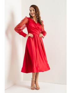 Lafaba Dámske červené, dvojradové, trblietavé, saténové saténové šaty