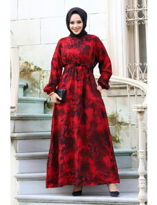 Tesettür Dünyası Šaty do pása s ružovým vzorom Claret Red