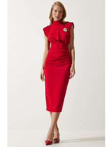 Happiness İstanbul Women's Red Elegant Brooch Gathered Wrap Knitted Dress