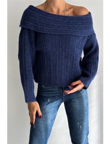 FEMELLE Dámsky indigový rebrovaný sveter s golierom