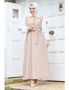Tesettür Dünyası Šaty hidžábu s pásom vpredu s polovičným gombíkom béžové