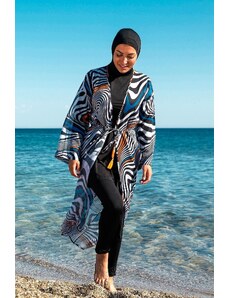 Marina Čierny pruhovaný vzor Kimono Pareo na dámskych plavkách hidžáb P2205