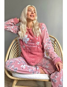 Pijamaevi Dámska súprava plyšového pyžama so vzorom ružových listov