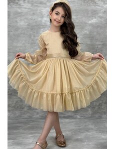Riccotarz Dievčenské spoločenské šaty s výstrihom, priesvitná sukňa, tyl, strieborno-zlaté, večerné šaty