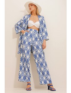 Trend Alaçatı Stili Dámska súprava kimonových bund a nohavíc Palazzo so vzorom