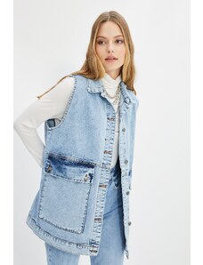 Trendyol Collection Indigo košeľový golier vrecko detailne 100% bavlnená džínsová vesta bunda