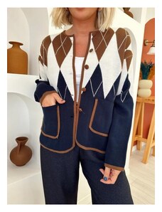 Laluvia Navy blue-tile diamond-patterned Cardigan with pockets