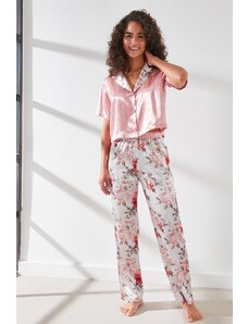 C&City Dámske saténové košeľové nohavice Pyžamový set 9066 Ružová/ecru