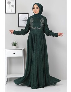 Modamihram Dámske čipkované detailné trblietavé večerné šaty Emerald