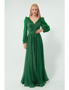 Lafaba Women's Emerald Green, Double Breasted Collar, Glittery Long Flare Evening Dress.