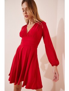 Happiness İstanbul Dámske červené pieskové pletené šaty s výstrihom do V